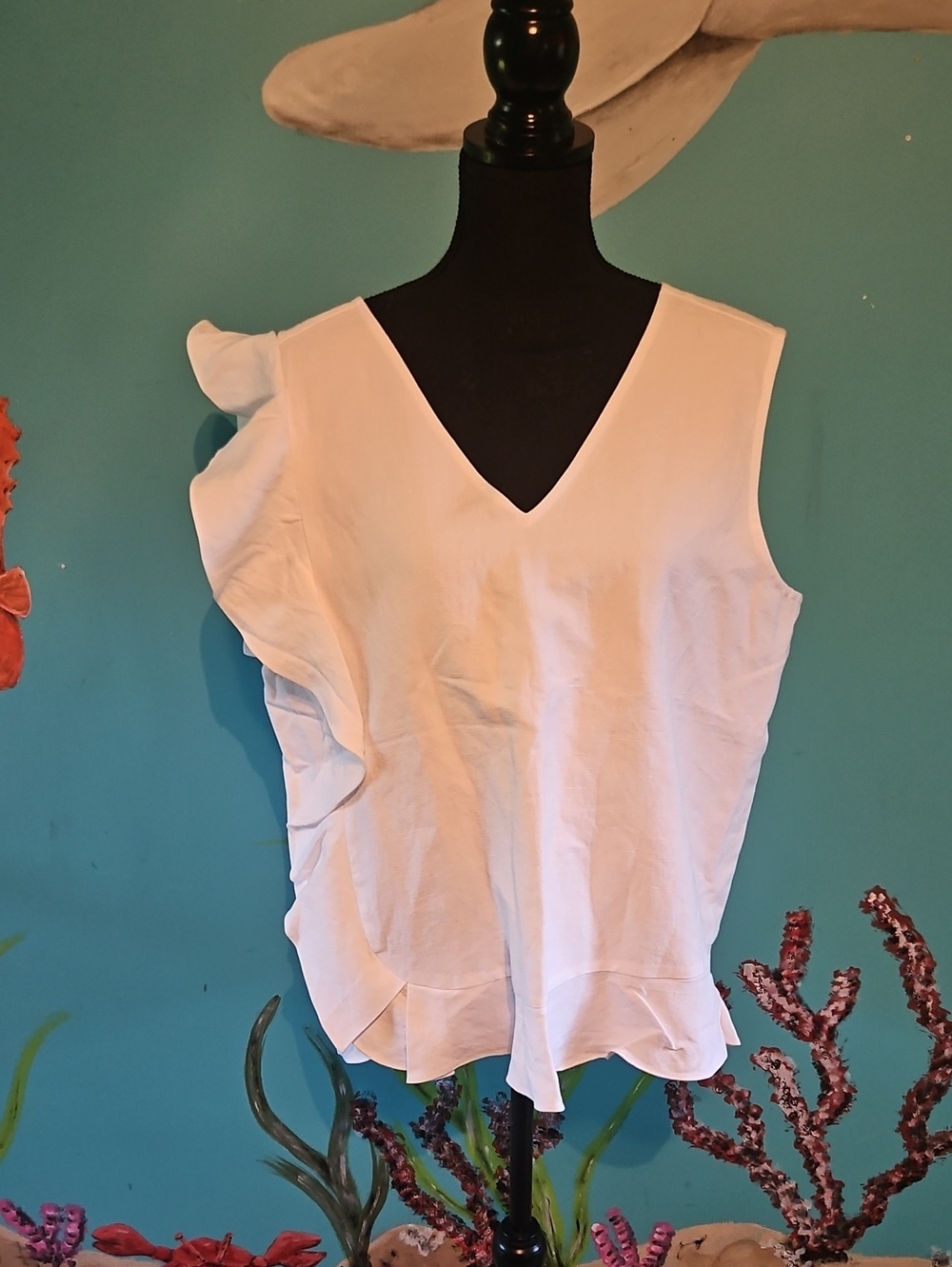 J. McLaughlin White V-Neck Ruffle Sleeveless Top